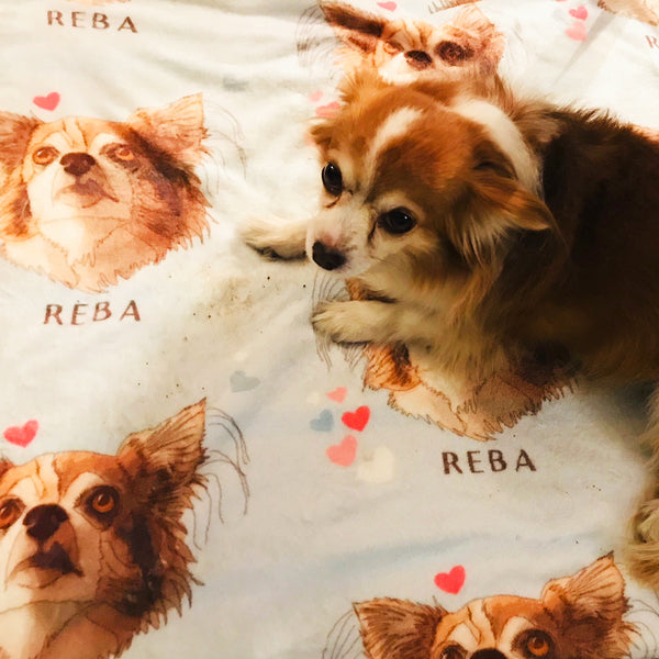 Personalized Hand-Drawn Dog Blanket featuring your Pet and Pink Hearts