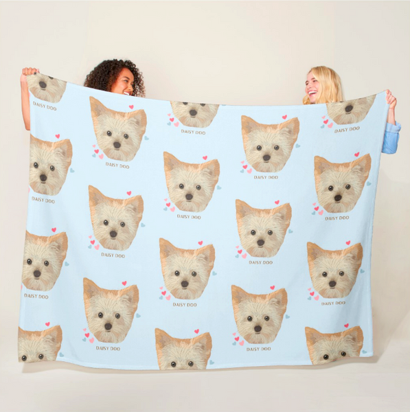 Personalized Hand-Drawn Dog Blanket featuring your Pet and Pink Hearts