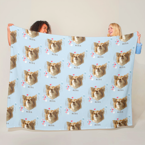 Personalized Hand-Drawn Dog Blanket featuring your Pet and Pink Hearts