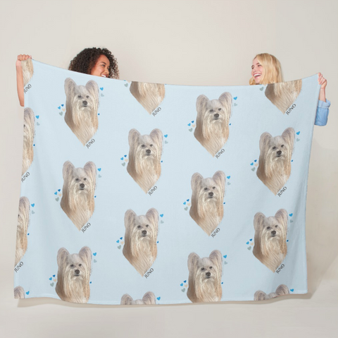 Personalized Hand-Drawn Dog Blanket featuring your Pet and Blue Hearts